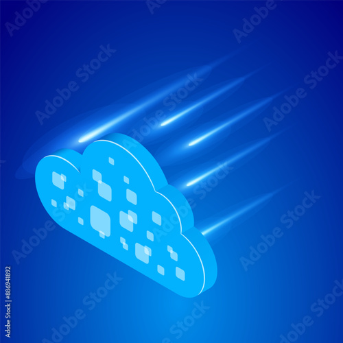 Isometric illustration depicting a futuristic cloud computing concept. Stylized cloud with digital data patterns symbolizes the seamless transfer and storage of information. Speed, technology, IT.