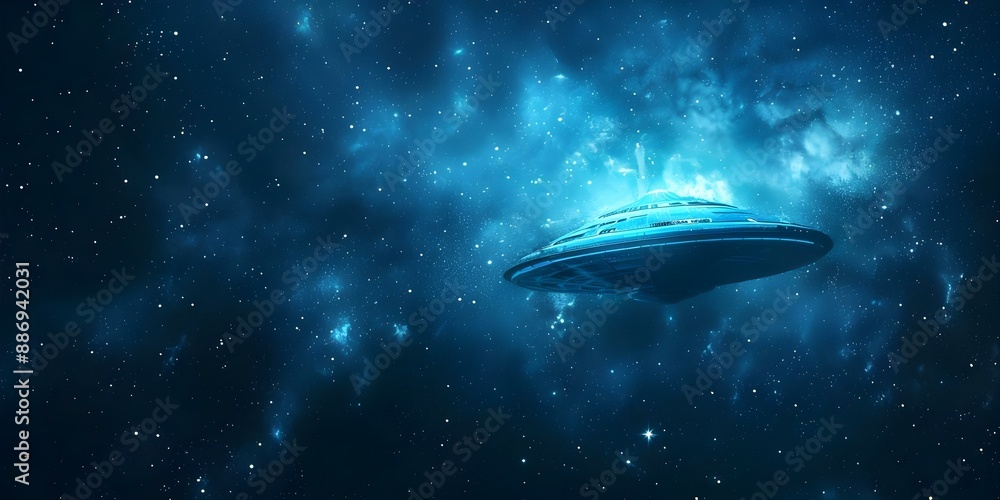 Artistic banner with UFO stars dark blue background to celebrate UFO Day. Concept UFO Day, Extraterrestrial Celebration, Dark Blue Background, Artistic Banner, Starry Night Sky Artistic banner with UFO stars dark blue background to celebrate UFO Day. Concept UFO Day, Extraterrestrial Celebration, Dark Blue Background, Artistic Banner, Starry Night Sky