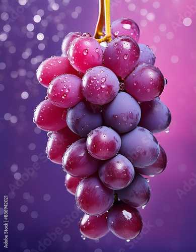 Cluster of fresh, dewy grapes against a vibrant, bokeh-filled purple background. Juicy purpl photo