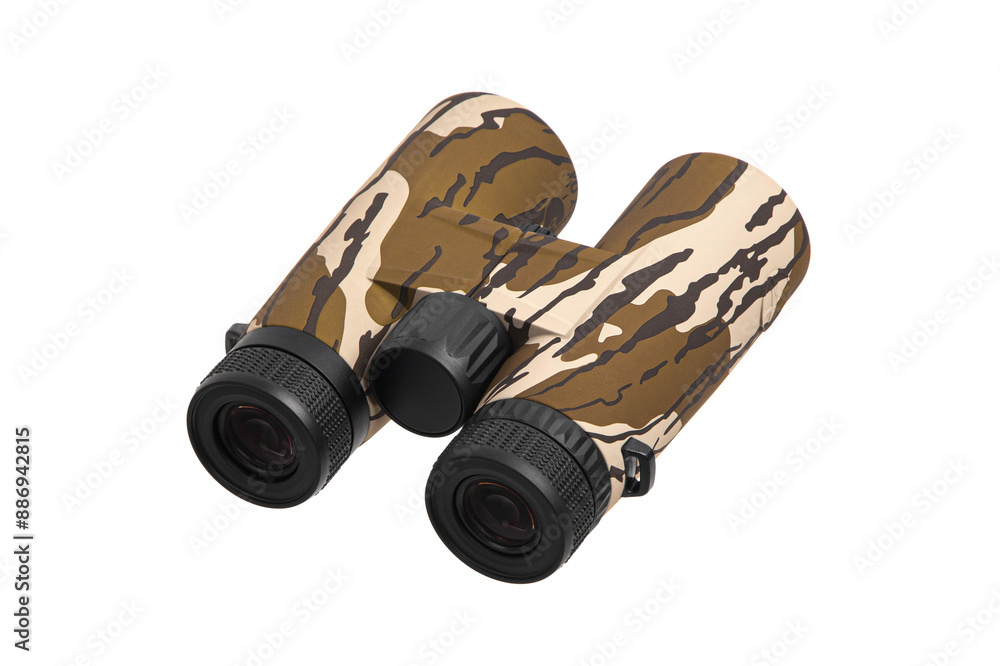 Modern binoculars in camouflage coloring. An optical instrument for observation at long distances. Isolate on a white back Modern binoculars in camouflage coloring. An optical instrument for observation at long distances. Isolate on a white back