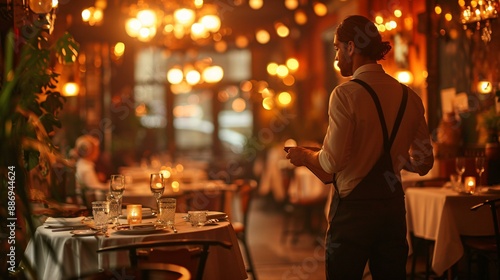 a waiter takes an order at a restaurant table restaurant is dimly lit waiter carries a notepad