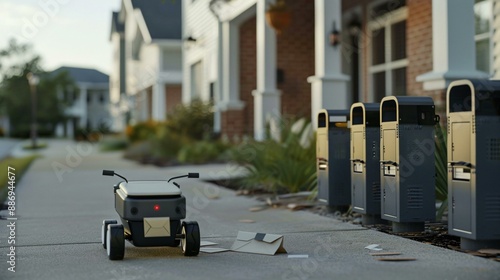 a robot delivering mail in a neighborhood the robot is small and wheeled it places letters in mailboxes