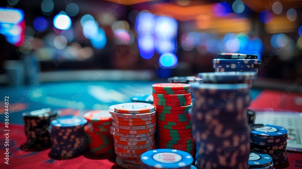 Image of a hall, for a poker game with blurred background, chips in the foreground close up Image of a hall, for a poker game with blurred background, chips in the foreground close up