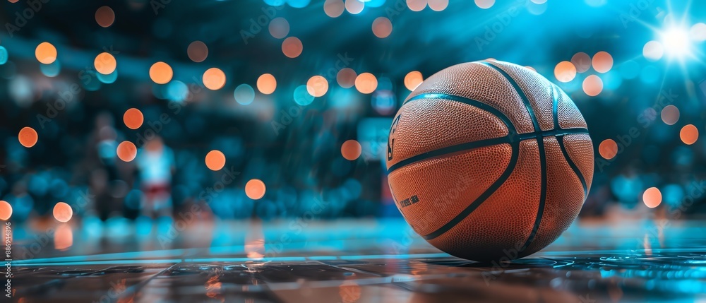 A closeup of a basketball on the court with players and bright lights in the background during a game A closeup of a basketball on the court with players and bright lights in the background during a game