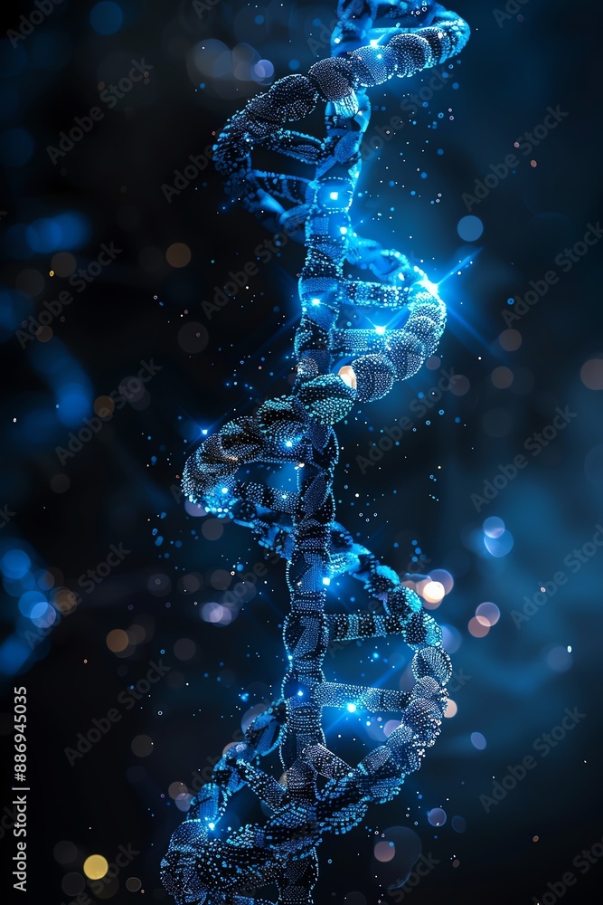 A glowing blue DNA helix structure against a dark background, representing the concept of biotechnology and genetic research A glowing blue DNA helix structure against a dark background, representing the concept of biotechnology and genetic research