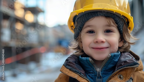 Child in construction gear, smiling on a building site, confident and curious