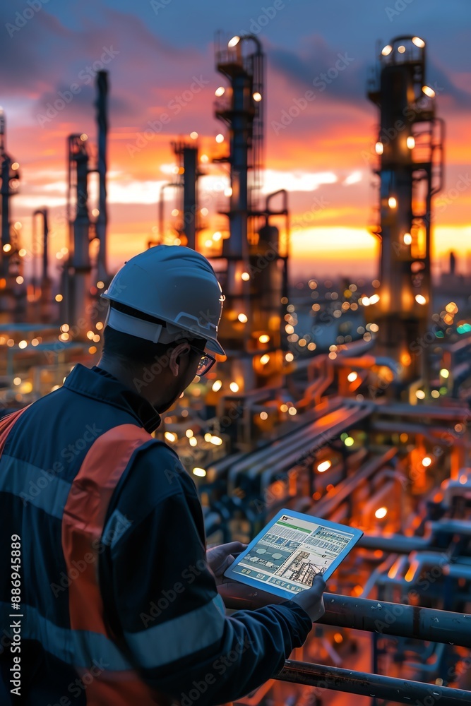 Industrial engineer with tablet monitoring refinery operations at sunset Industrial engineer with tablet monitoring refinery operations at sunset