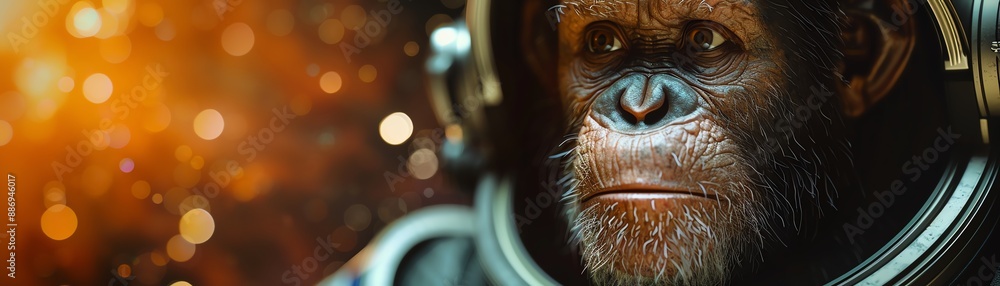 Obraz premium Monkey in astronaut suit, galaxy background, closeup, curious and thoughtful