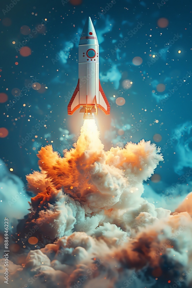 Naklejka premium Rocket launching from laptop, surreal, bright blue background