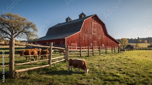 Rustic red barn with contented cows grazing in a verdant field