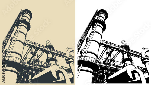 Factory buildings pipes and tanks close-up