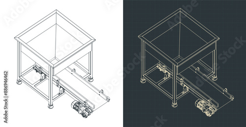 Feeding hopper with belt conveyor isometric blueprints