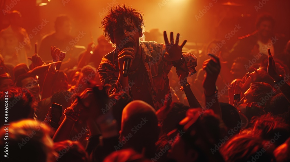 A vibrant live concert scene with a singer performing on stage, illuminated by dramatic lighting, with an enthusiastic crowd. A vibrant live concert scene with a singer performing on stage, illuminated by dramatic lighting, with an enthusiastic crowd.