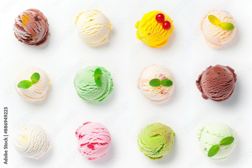 A Variety of Ice Cream and Ingredients Displayed on a White Background - Ideal for a Summer Treat. Beautiful simple AI generated image in 4K, unique. A Variety of Ice Cream and Ingredients Displayed on a White Background - Ideal for a Summer Treat. Beautiful simple AI generated image in 4K, unique.