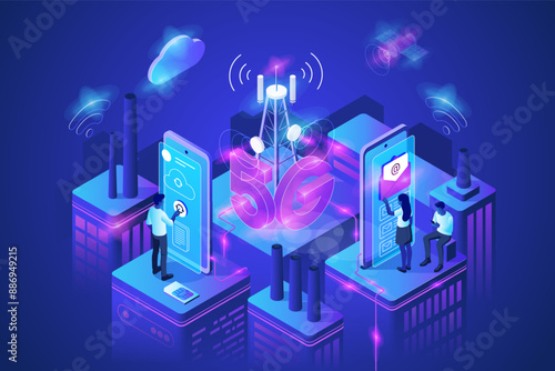 Isometric style vector illustration with latest modern technology. Cell tower and satellite for communication and gps. Email marketing, cloud technology. People near smart phones. Blue, purple color