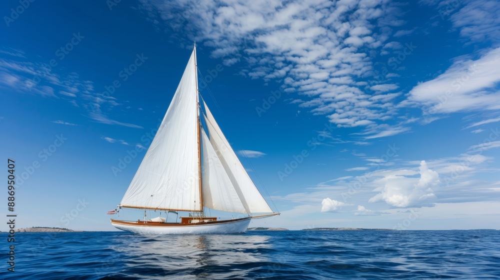 Fototapeta premium A sailboat in the midst of the ocean beneath a blue sky with wispy clouds