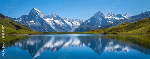 Stunning mountain landscape reflected in a crystal-clear lake under a bright blue sky, capturing the serene beauty of nature.