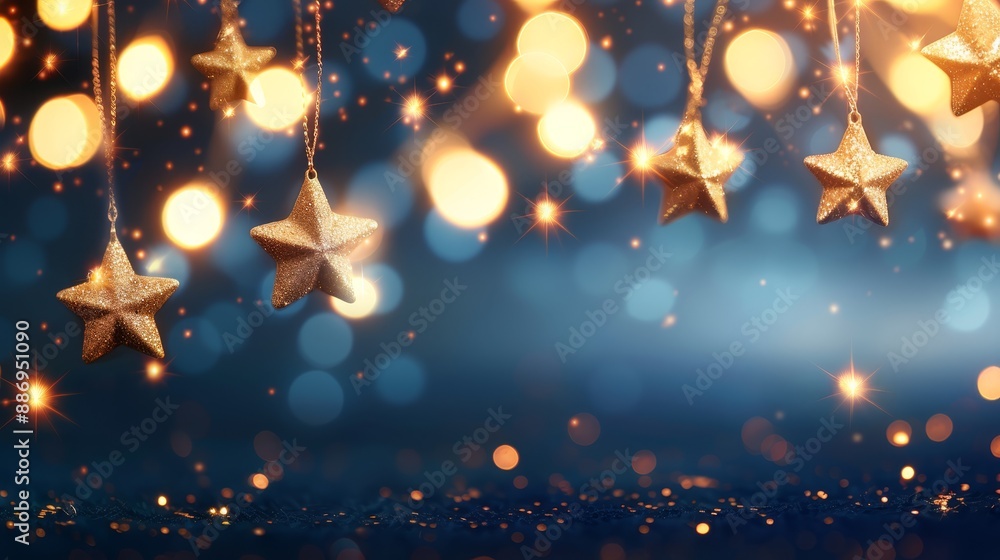 A string of golden stars against a blue backdrop with lights bokeh in the background A string of golden stars against a blue backdrop with lights bokeh in the background