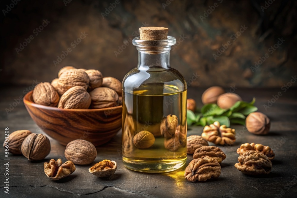 Still life composition with translucent bottle filled with golden walnut oil Still life composition with translucent bottle filled with golden walnut oil