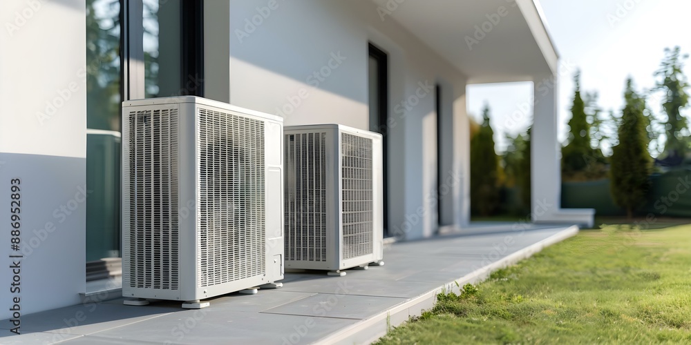 Fototapeta premium Residential building with sustainable energy from ground source heat pump installation. Concept Sustainable Energy, Ground Source Heat Pump, Residential Building, Installation, Renewable Technology