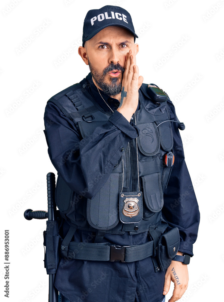 Young handsome man wearing police uniform hand on mouth telling secret rumor, whispering malicious talk conversation Young handsome man wearing police uniform hand on mouth telling secret rumor, whispering malicious talk conversation