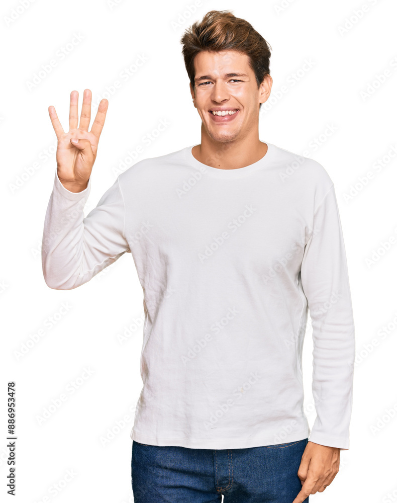 Handsome caucasian man wearing casual white sweater showing and pointing up with fingers number four while smiling confident and happy. Handsome caucasian man wearing casual white sweater showing and pointing up with fingers number four while smiling confident and happy.