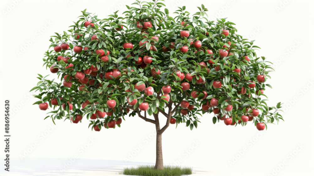 A realistic photo of an apple tree with lush green leaves and ripe red apples, set against a pure white background A realistic photo of an apple tree with lush green leaves and ripe red apples, set against a pure white background