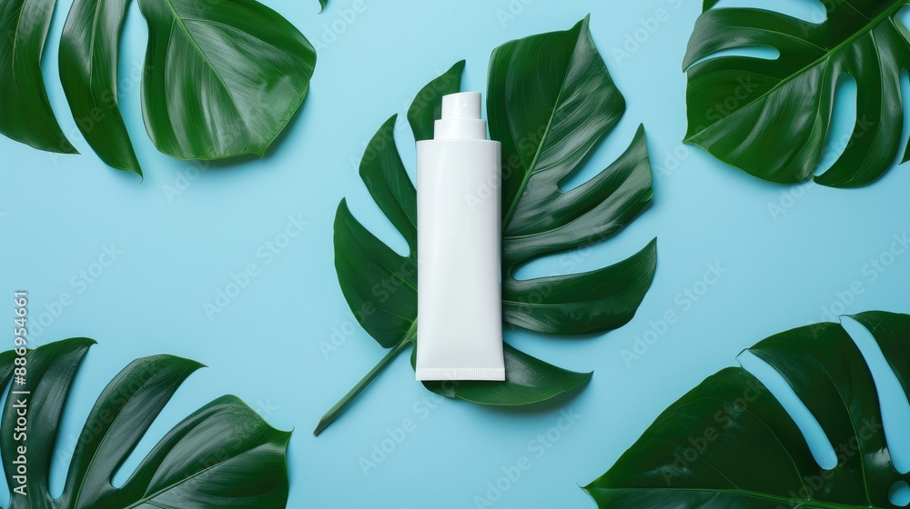 Tropical Monstera Leaf with White Cosmetic Packaging on Blue Background Tropical Monstera Leaf with White Cosmetic Packaging on Blue Background