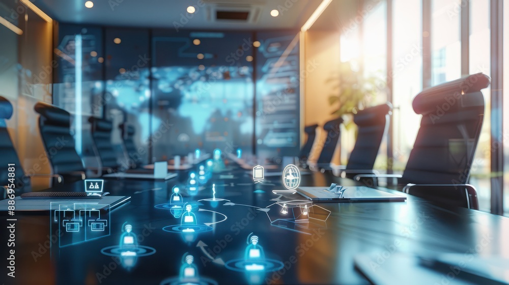 custom made wallpaper toronto digitalBoardroom Governance Dynamics, boardroom setting with icons representing board meetings, governance policies,