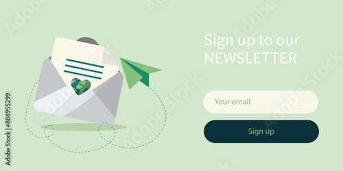 Sustainability newsletter. Green newsletter. Environmental newsletter. Sign up to our Newsletter Email Campaign with Eco-friendly mail. Banner illustration. professional banner. Newsletter banner