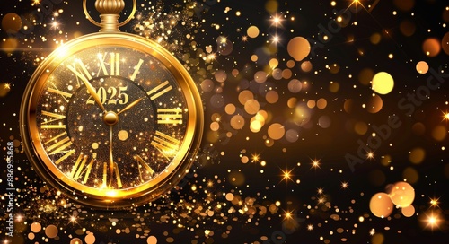 Golden clock face displaying the year 2025 with sparkling lights and festive atmosphere