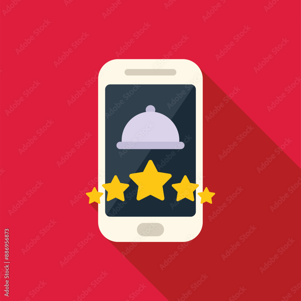 Smartphone displaying restaurant meal tray icon and five star rating representing online food ordering app Smartphone displaying restaurant meal tray icon and five star rating representing online food ordering app