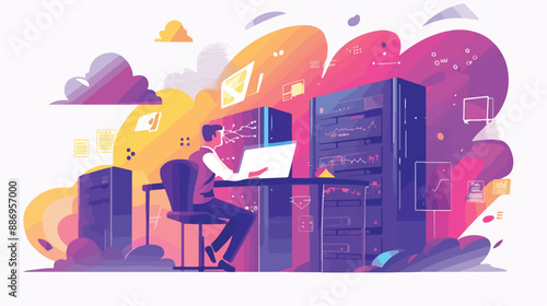 Digital devices and businessman with laptop on cloud