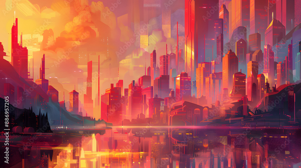 Fototapeta premium Futuristic night city. Cityscape on a dark background with bright and glowing neon purple and blue lights. Cyberpunk and retro wave style illustration.