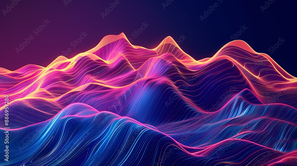 Fototapeta premium Abstract Concept of a Mountainous Terrain Rendered in Flowing Colored Lines for a Dynamic Effect, abstract background with glowing lines