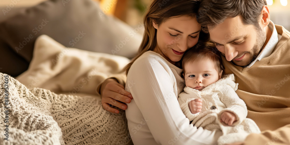 Loving parents embrace their adorable baby in cozy home setting, showcasing warmth and family bonding, parenthood concept Loving parents embrace their adorable baby in cozy home setting, showcasing warmth and family bonding, parenthood concept