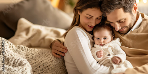 Loving parents embrace their adorable baby in cozy home setting, showcasing warmth and family bonding, parenthood concept