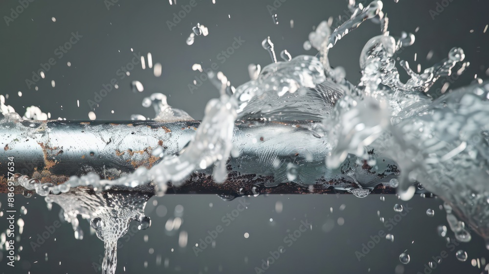 Close-up of a damaged household plastic water pipe with water splashing out, highlighting the urgency of plumbing repairs and water conservation. Close-up of a damaged household plastic water pipe with water splashing out, highlighting the urgency of plumbing repairs and water conservation.