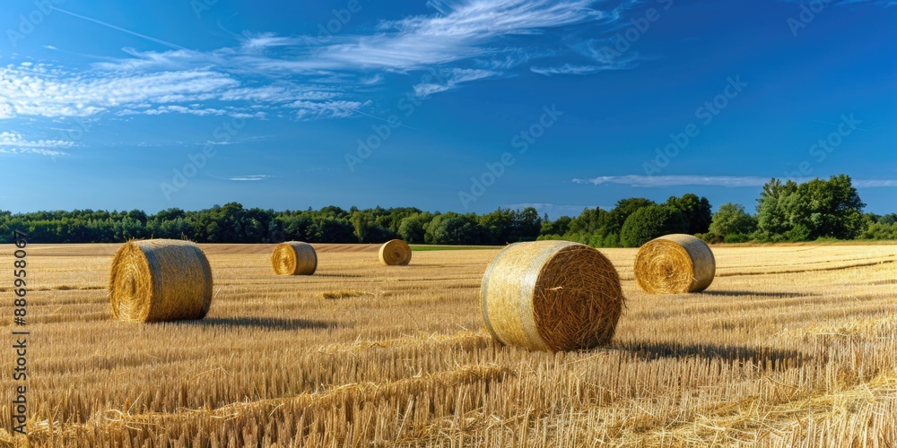 Fototapeta premium Hay Bales in Field with Trees