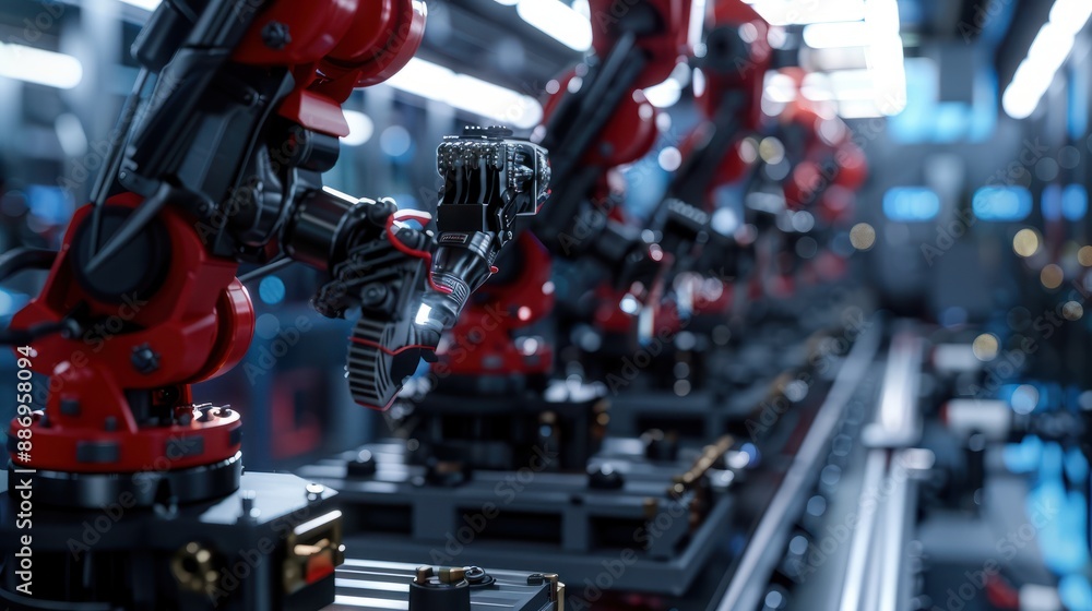 Fototapeta premium Close-up view of intricate robotic parts in a smart factory setting, showcasing advanced technology and precision engineering.