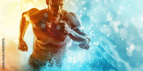 Dynamic athletic man running through water, power and energy in motion, double exposure effect, fitness and determination concept
