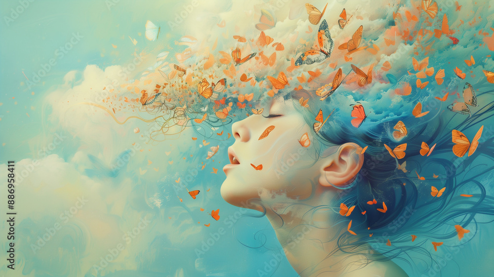 Naklejka premium Human brain with butterflies, self care and mental health concept, positive thinking, creative mind
