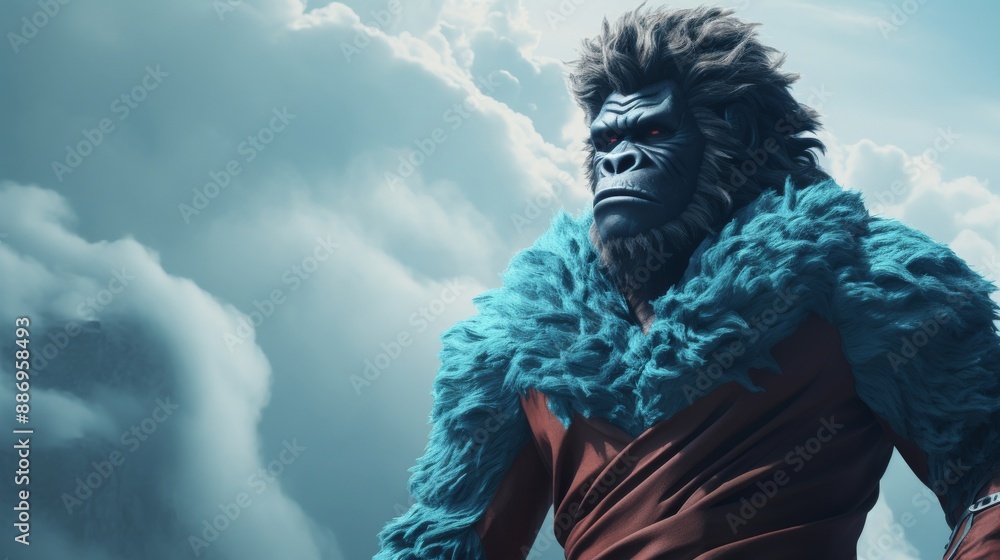 Obraz premium A powerful gorilla superhero stands against a cloudy sky