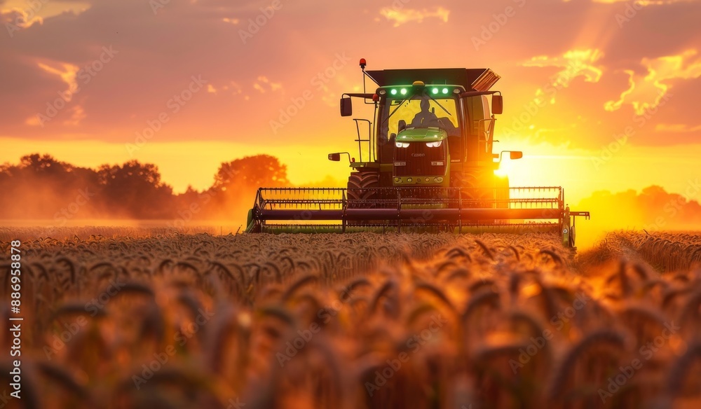 Fototapeta premium Green harvester working in a wheat field during a beautiful sunset