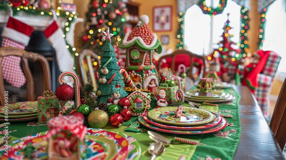 Beautifully decorated Christmas table, adorned with festive ornaments, candles, and holiday greenery. Perfect for themes of celebration, family gatherings, and holiday cheer Beautifully decorated Christmas table, adorned with festive ornaments, candles, and holiday greenery. Perfect for themes of celebration, family gatherings, and holiday cheer