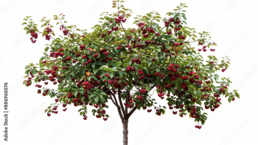 Fototapeta premium Cherry Tree: A lifelike image of a cherry tree with green leaves and clusters of ripe red cherries, set against a stark white background 