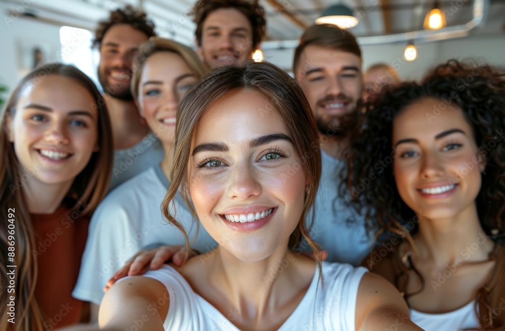 Group of diverse friends taking a cheerful selfie together indoors Group of diverse friends taking a cheerful selfie together indoors