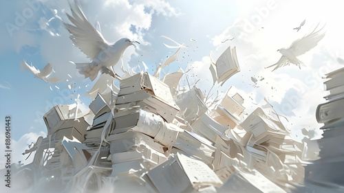 magical scene of books taking flight, their pages fluttering in the wind as they soar towards sky.