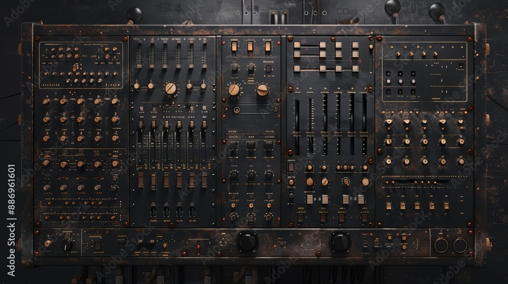 A high-resolution image of a complex analog control panel featuring numerous knobs, switches, and gauges, all intricately arranged for detailed control operations. A high-resolution image of a complex analog control panel featuring numerous knobs, switches, and gauges, all intricately arranged for detailed control operations.
