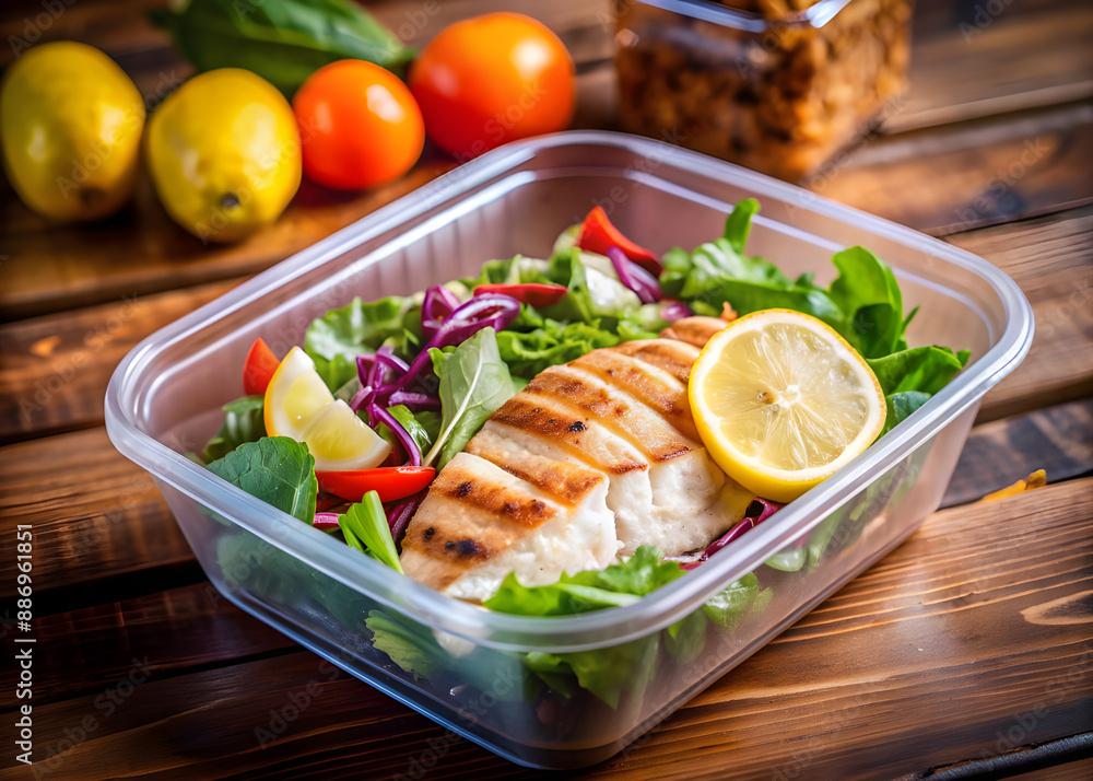 Healthy fitness meal including white meat, fresh green salad, healthy vegetables and lemon. Tasty lunch with high protein foods, for muscle building and prepared in a plastic container box.Gym dieting